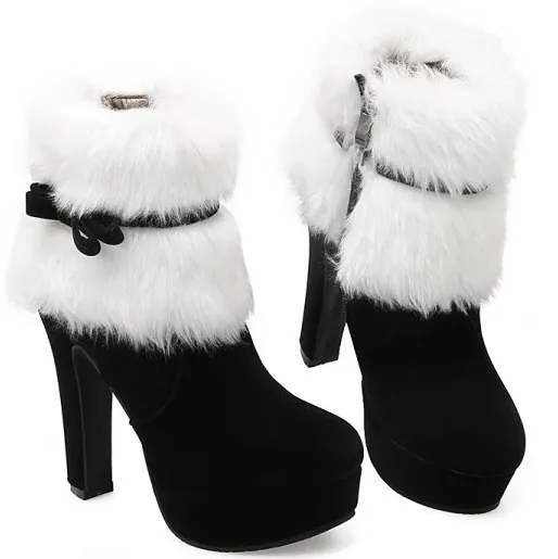 Black and White Suede Ankle Platform Boots with Bow