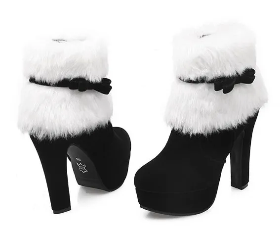 Black and White Suede Ankle Platform Boots with Bow