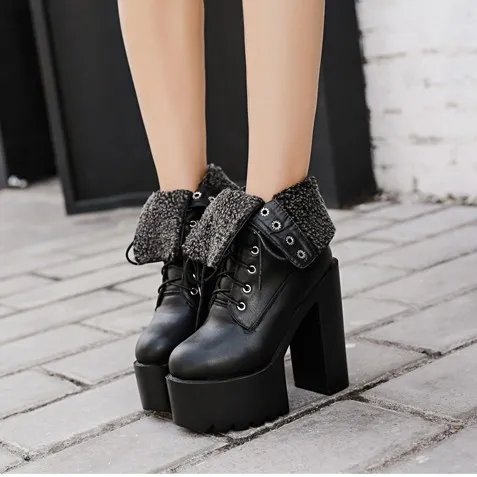 Black Woolen Flap Chunky Block Heel Boots