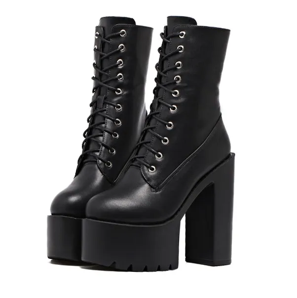 Black Woolen Flap Chunky Block Heel Boots