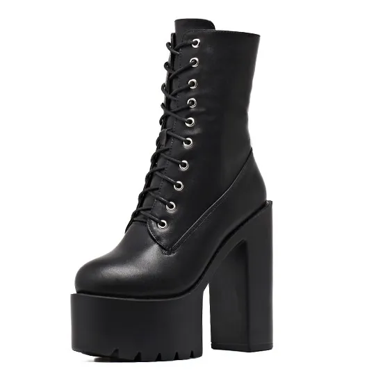 Black Woolen Flap Chunky Block Heel Boots