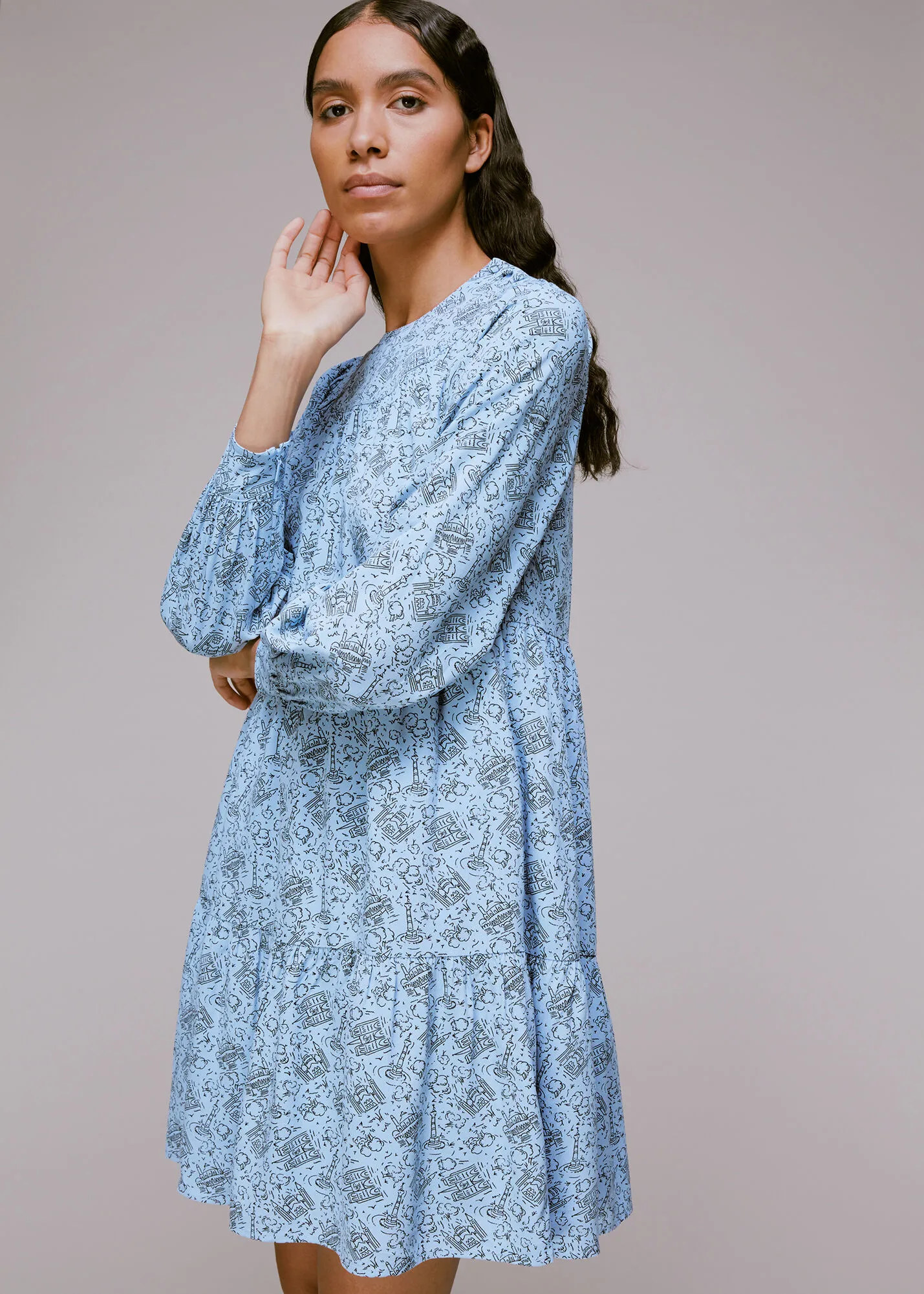 Blue Monument Print Trapeze Dress