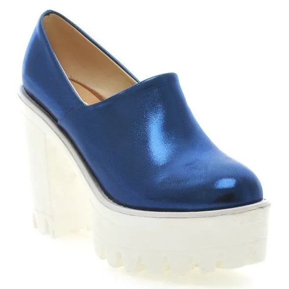 Blue Patent Chunky Sole High Heels Ankle Boots Platforms Pumps