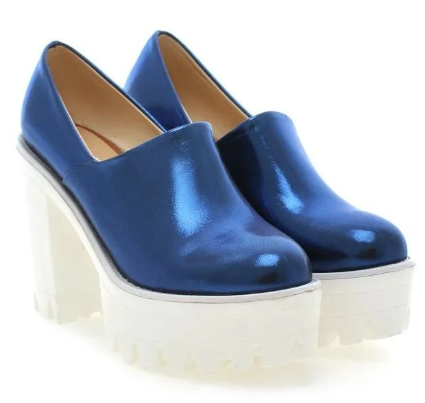 Blue Patent Chunky Sole High Heels Ankle Boots Platforms Pumps