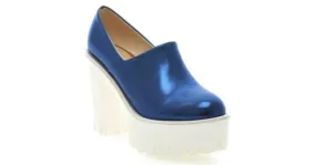 Blue Patent Chunky Sole High Heels Ankle Boots Platforms Pumps