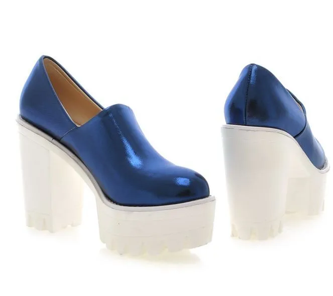 Blue Patent Chunky Sole High Heels Ankle Boots Platforms Pumps