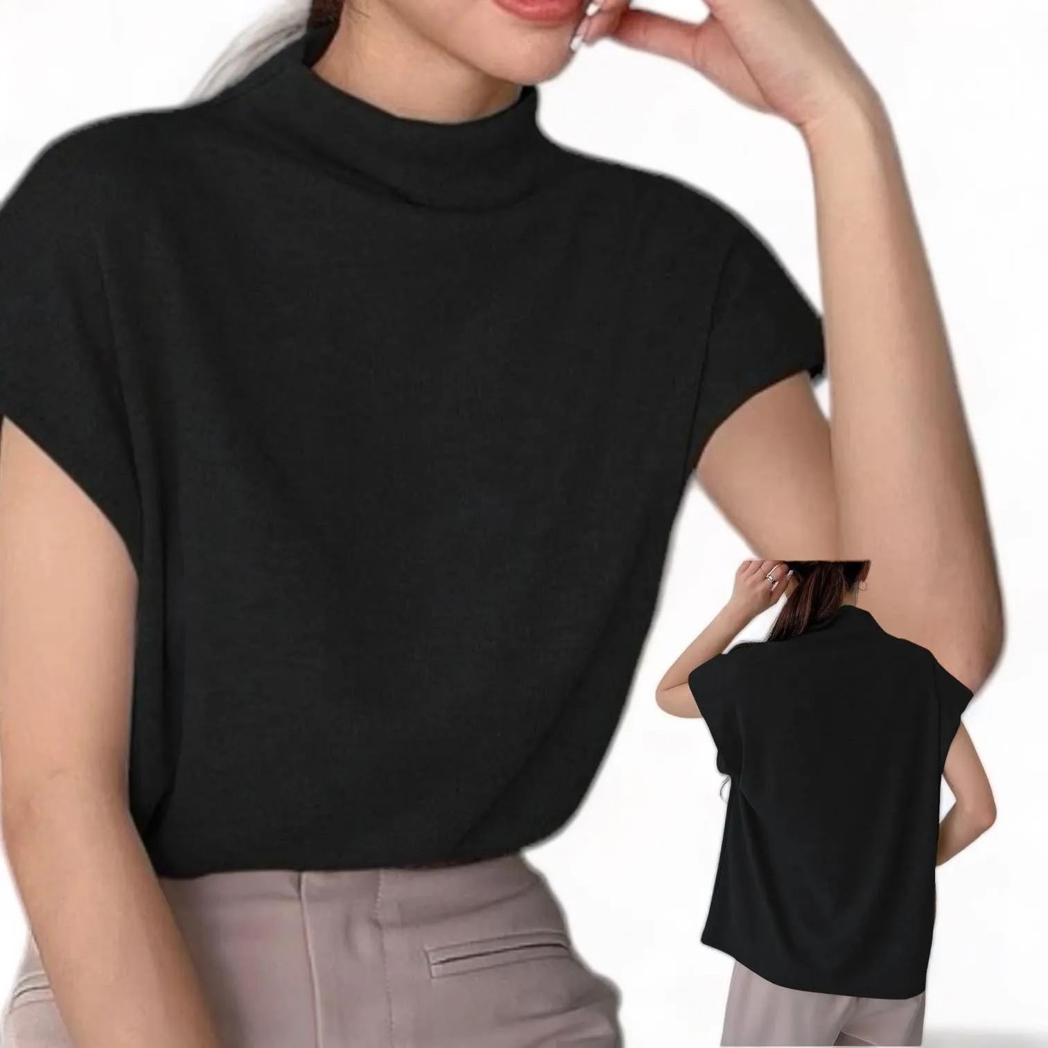 Top Sleeves Extended Neck Mock Knit Textured Classic BLUSA