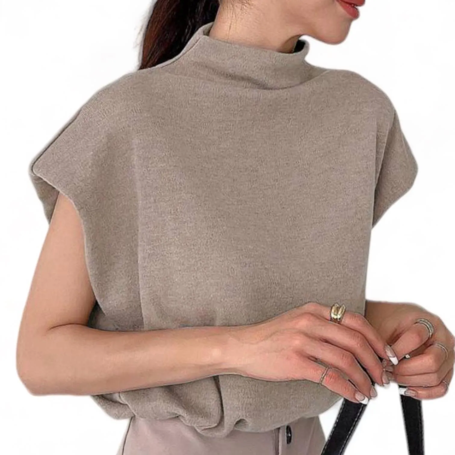 Top Sleeves Extended Neck Mock Knit Textured Classic BLUSA