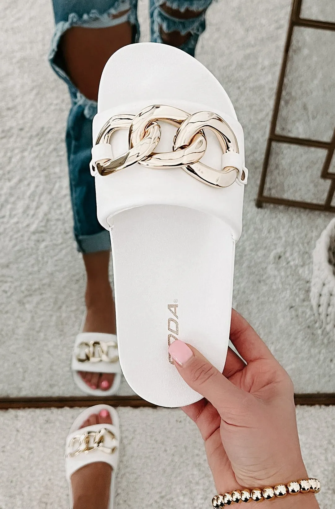 Boujee Attitude Slide Sandals With Chain Detail (White)