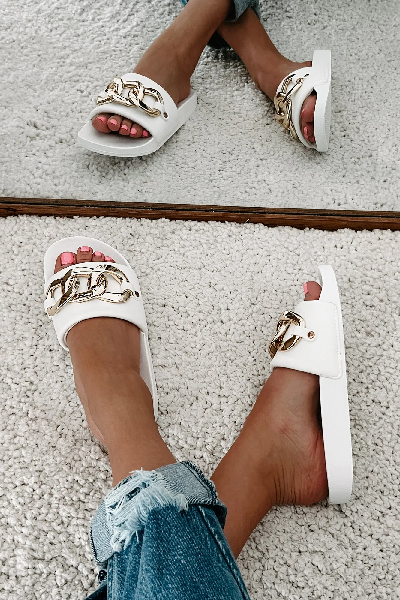 Boujee Attitude Slide Sandals With Chain Detail (White)