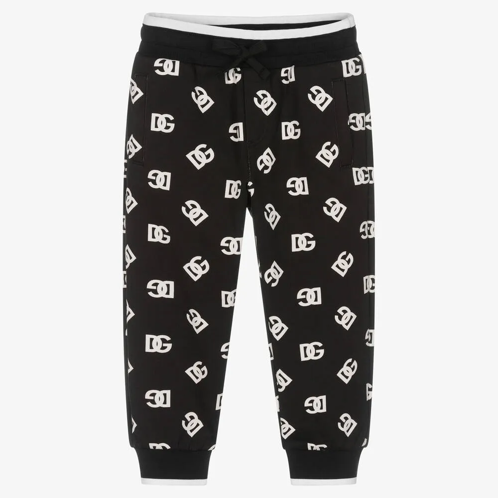 Boys Black & White Cotton DG Logo Joggers