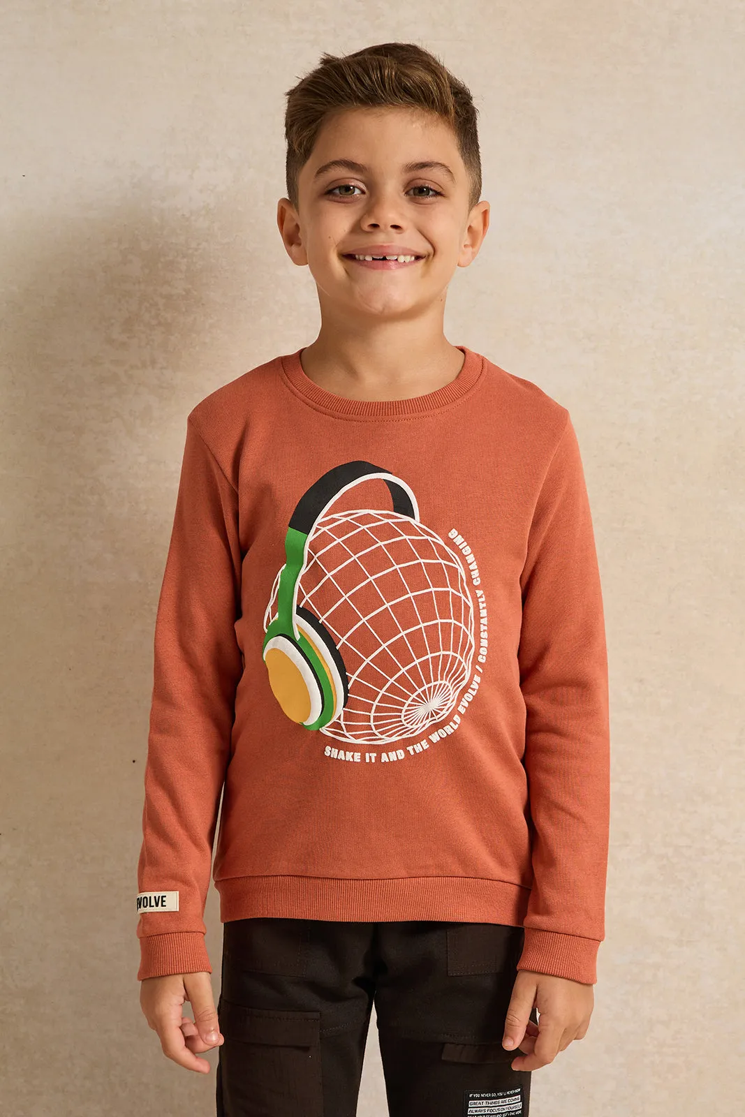 Boys Orange Crew Neck Printed  Sweatshirt