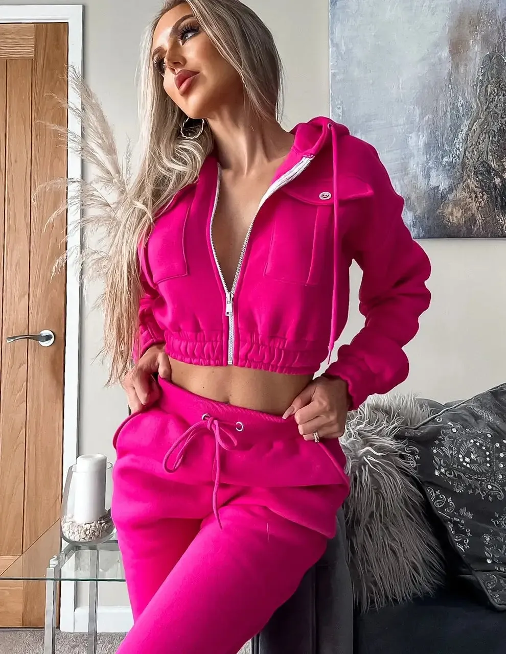 Bright Pink Hooded Crop Top & Trouser Loungewear Tracksuit