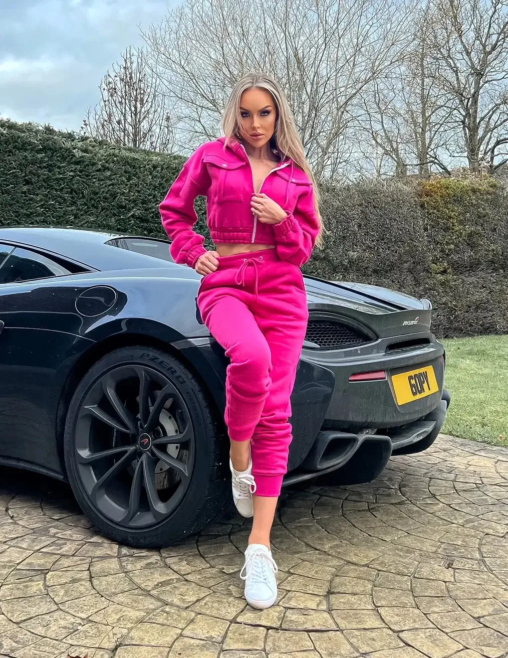 Bright Pink Hooded Crop Top & Trouser Loungewear Tracksuit