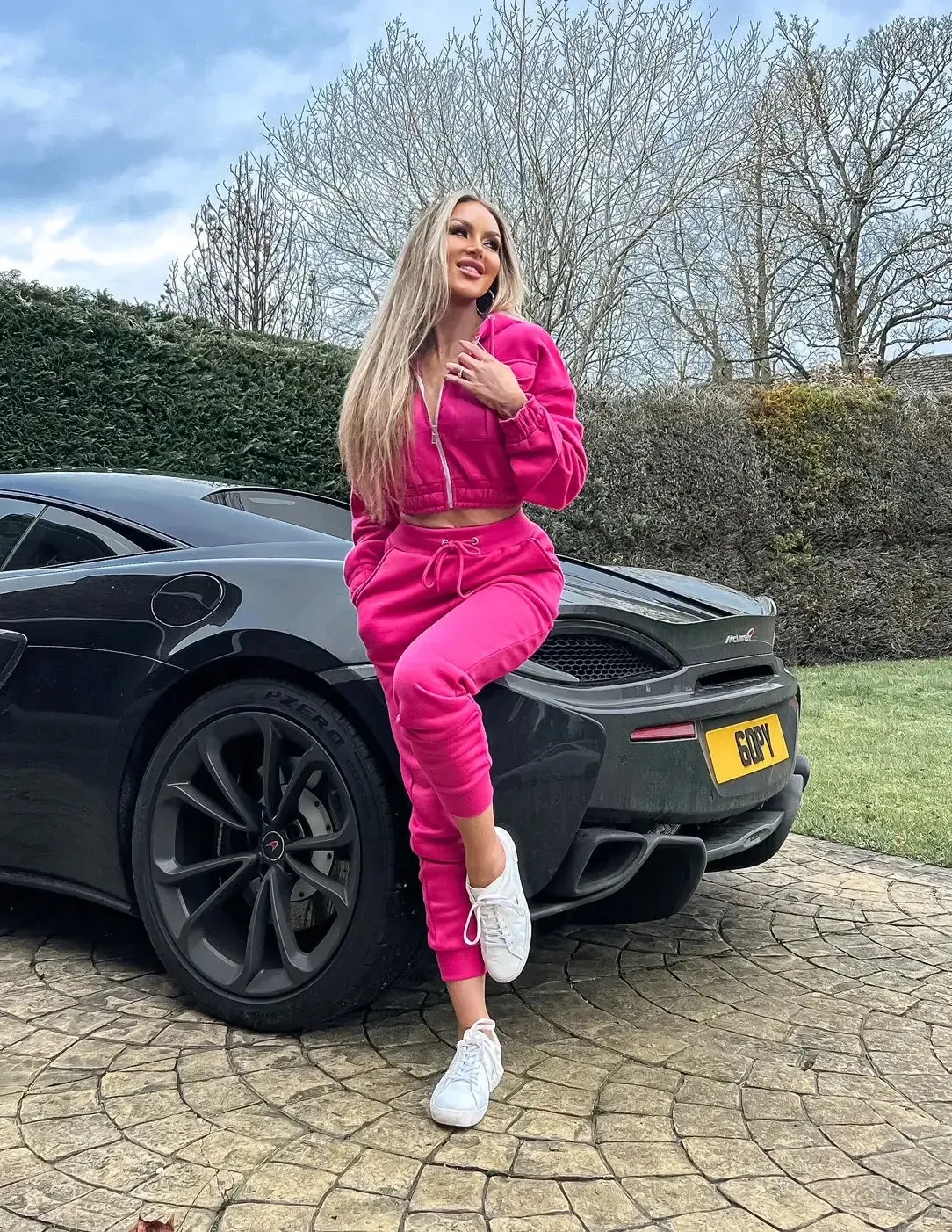 Bright Pink Hooded Crop Top & Trouser Loungewear Tracksuit