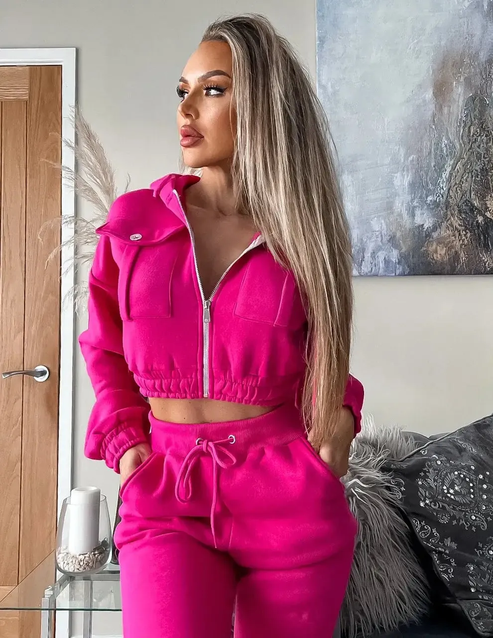 Bright Pink Hooded Crop Top & Trouser Loungewear Tracksuit