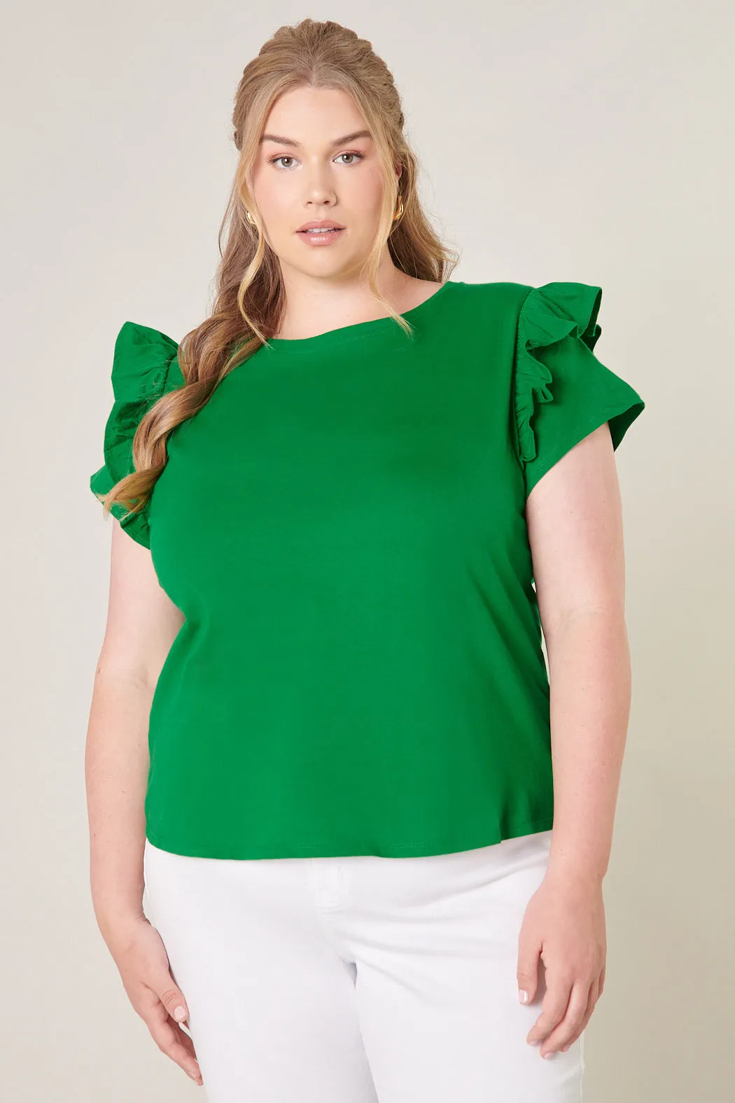 Brooke Ruffle Shoulder Cotton Knit Top Curve