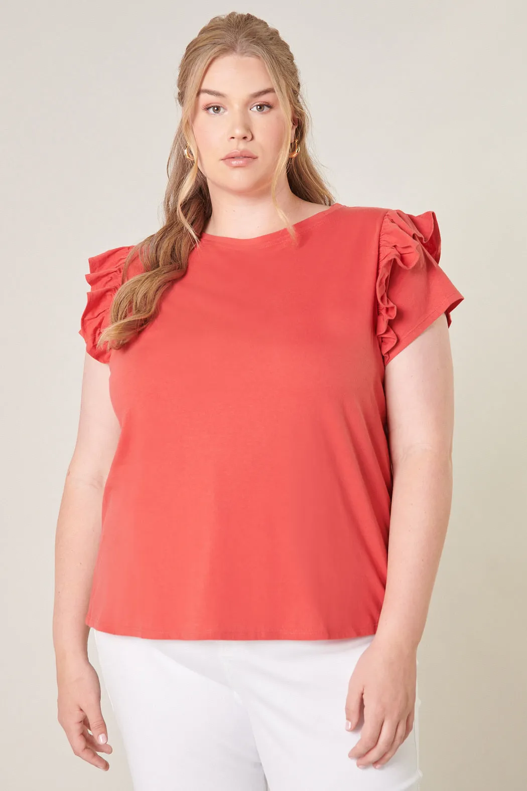 Brooke Ruffle Shoulder Cotton Knit Top Curve