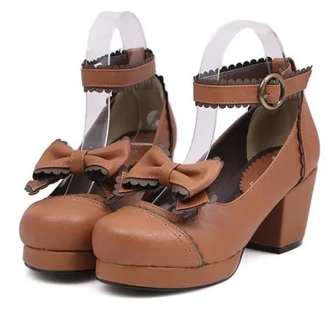 Brown Bow Mary Jane Round Head Mid Heels Platforms