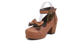 Brown Bow Mary Jane Round Head Mid Heels Platforms