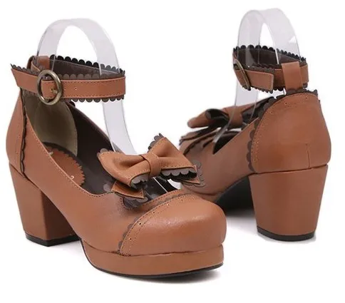 Brown Bow Mary Jane Round Head Mid Heels Platforms