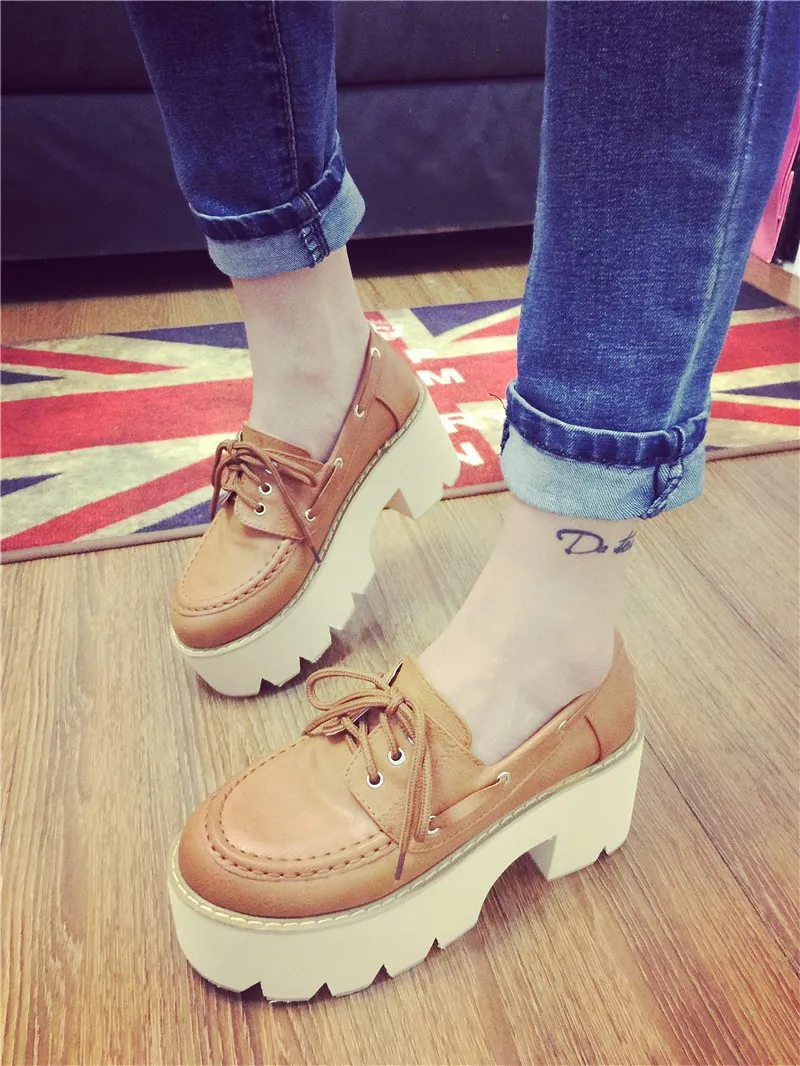 Brown Lace Up Camel Vintage Platforms Chunky Heels