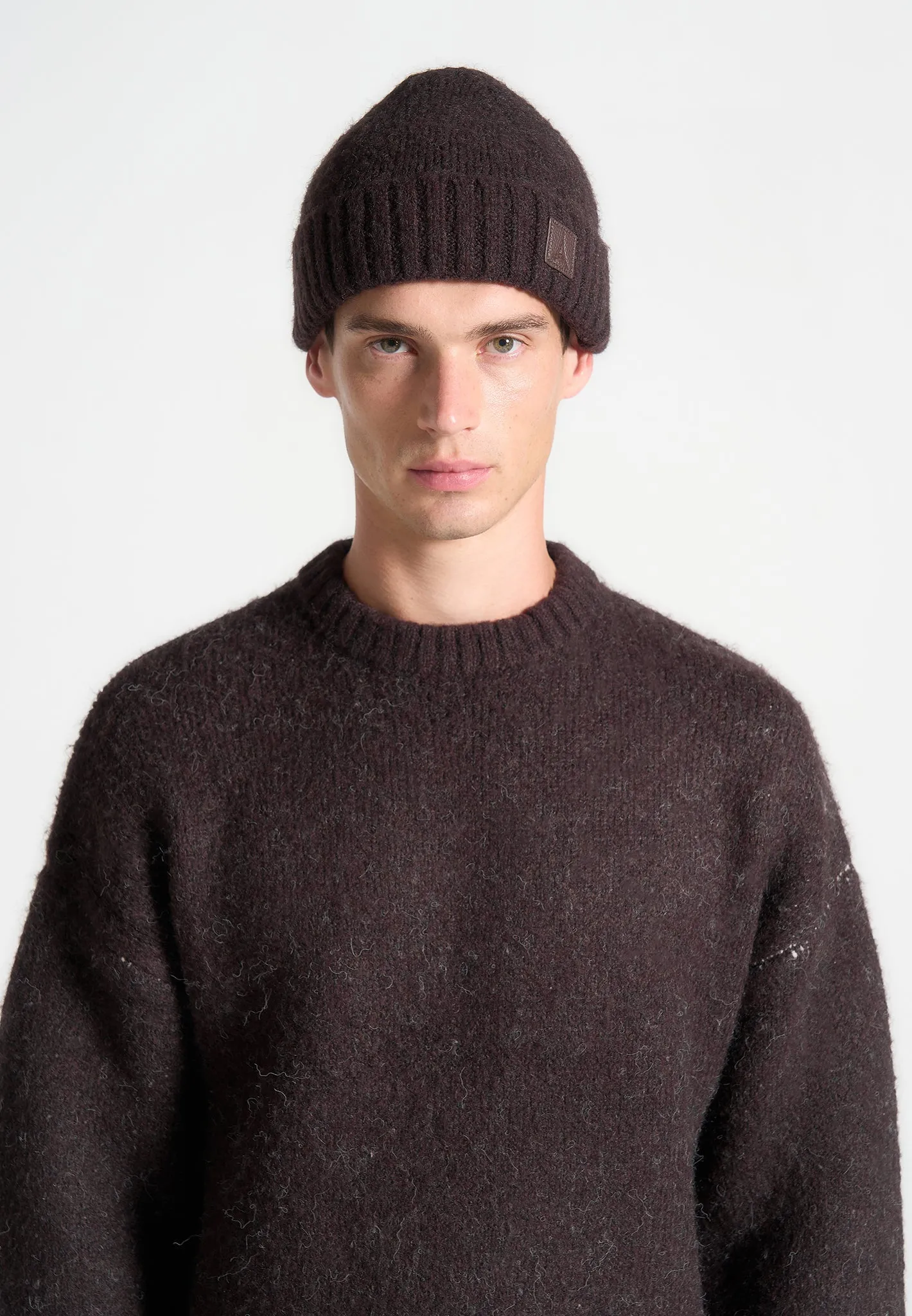 Brushed Wool Knit Beanie - Brown