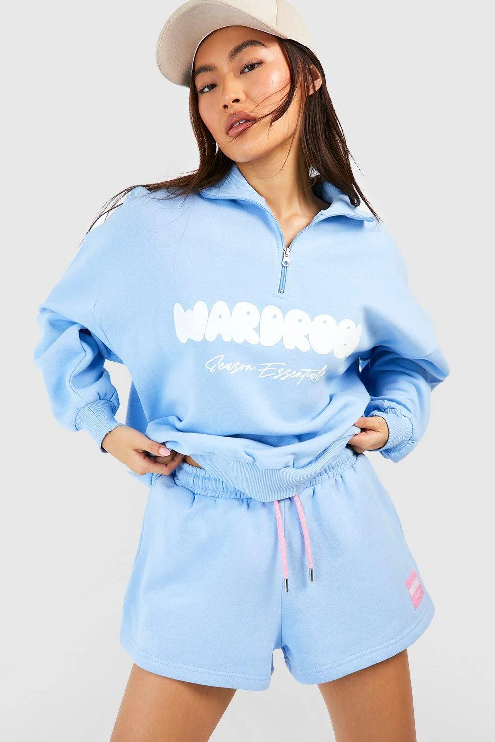 Bubble Slogan Half Zip Sweatshirt Short Tracksuit