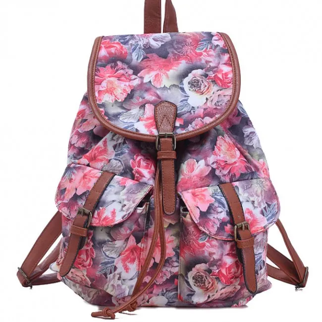 Canvas Backpack with Floral Design for School and College - Leisure Rose