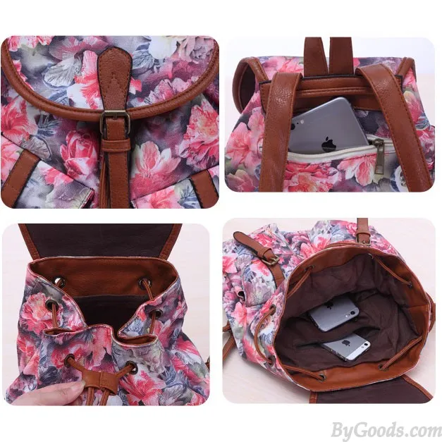 Canvas Backpack with Floral Design for School and College - Leisure Rose