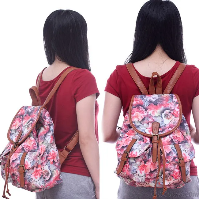 Canvas Backpack with Floral Design for School and College - Leisure Rose