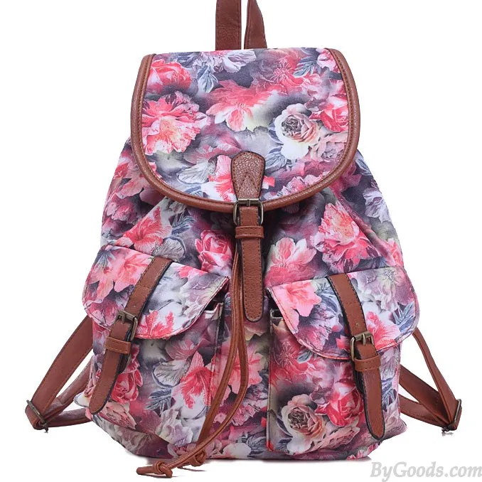 Canvas Backpack with Floral Design for School and College - Leisure Rose