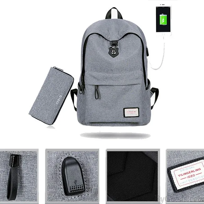 Canvas Gray Camping Bag with USB Interface and Large Capacity for School Backpacks.