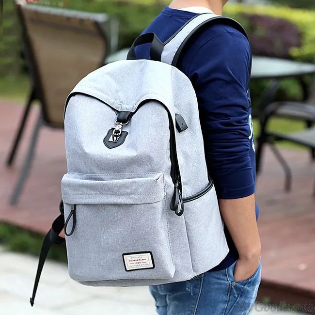 Canvas Gray Camping Bag with USB Interface and Large Capacity for School Backpacks.