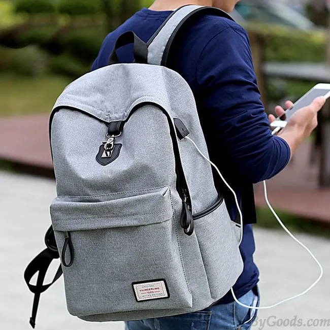 Canvas Gray Camping Bag with USB Interface and Large Capacity for School Backpacks.