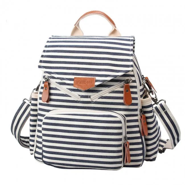 Canvas Striped Navy Shoulder Bag Backpack with Multi-function