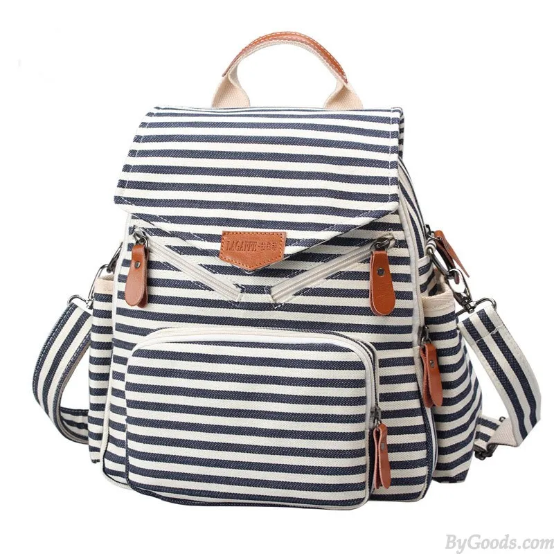 Canvas Striped Navy Shoulder Bag Backpack with Multi-function