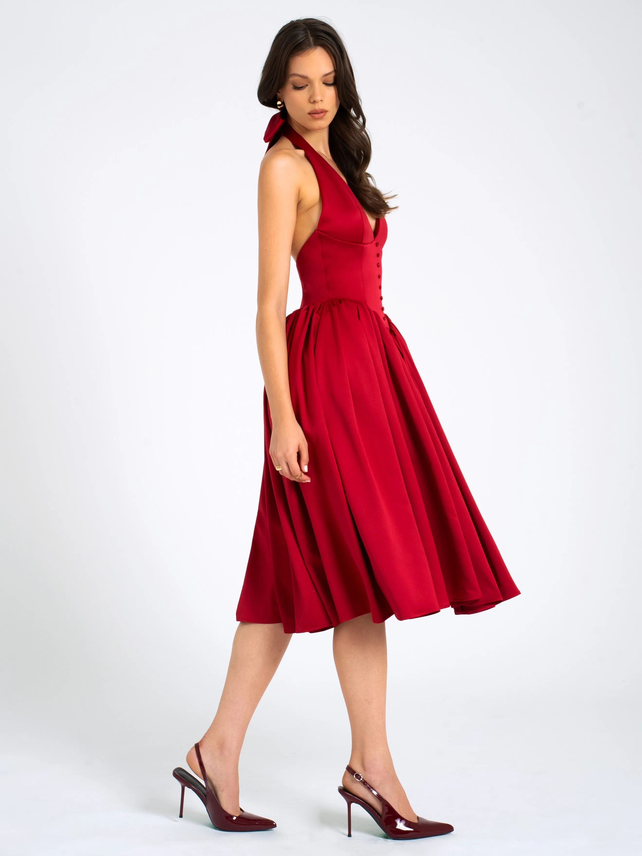 Cara Red Plunging Halter Backless Maxi Dress