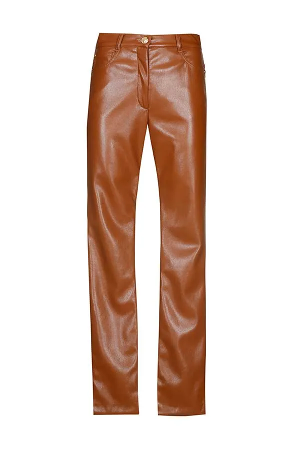 Caroline Biss CHESTNUT FAUX LEATHER STRAIGHT TROUSERS