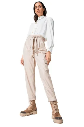 Caroline Biss GREIGE FAUX LEATHER BAGGY TROUSERS