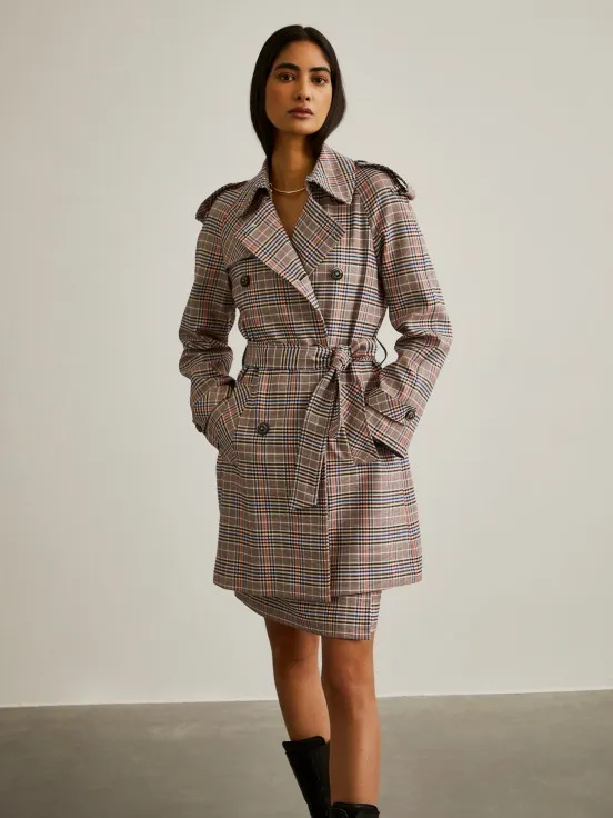 Checkered pattern double-breasted coat