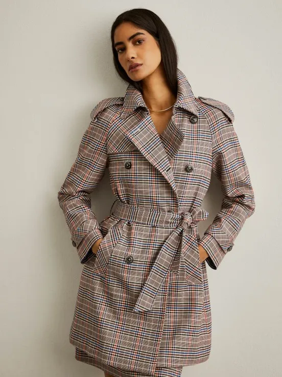 Checkered pattern double-breasted coat