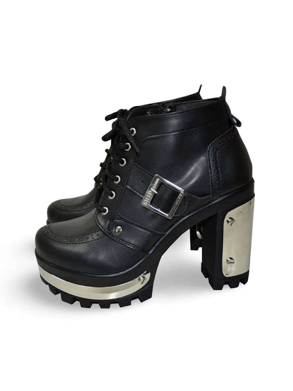 Grey Leather High Top Military Boots Shoes with Platforms, Zipper, and Block Heels