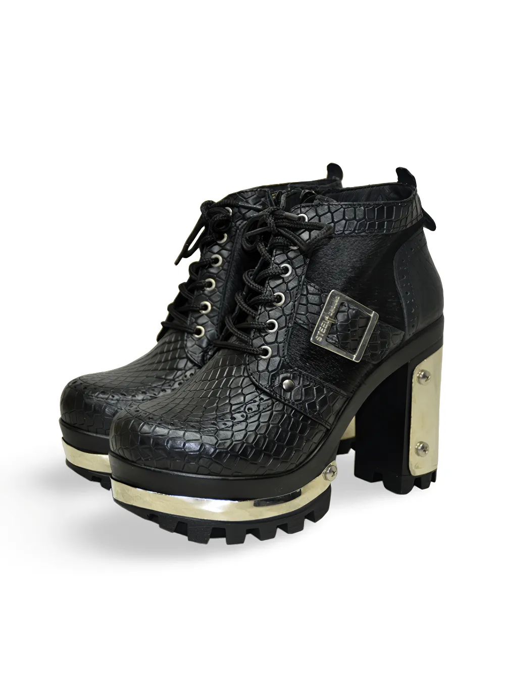 Grey Leather High Top Military Boots Shoes with Platforms, Zipper, and Block Heels