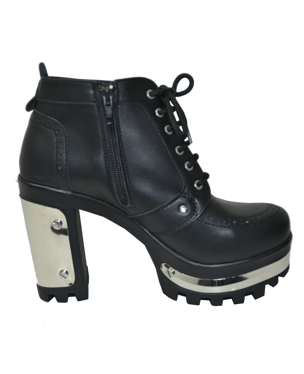 Grey Leather High Top Military Boots Shoes with Platforms, Zipper, and Block Heels