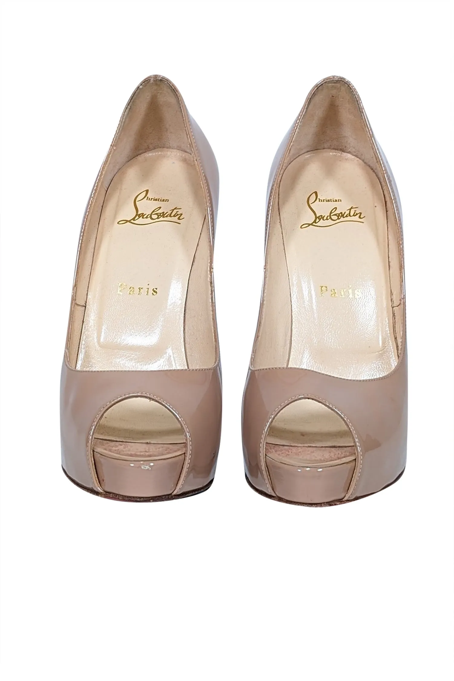 Christian Louboutin - Nude Patent Leather Peep Toe Heels Sz 7.5