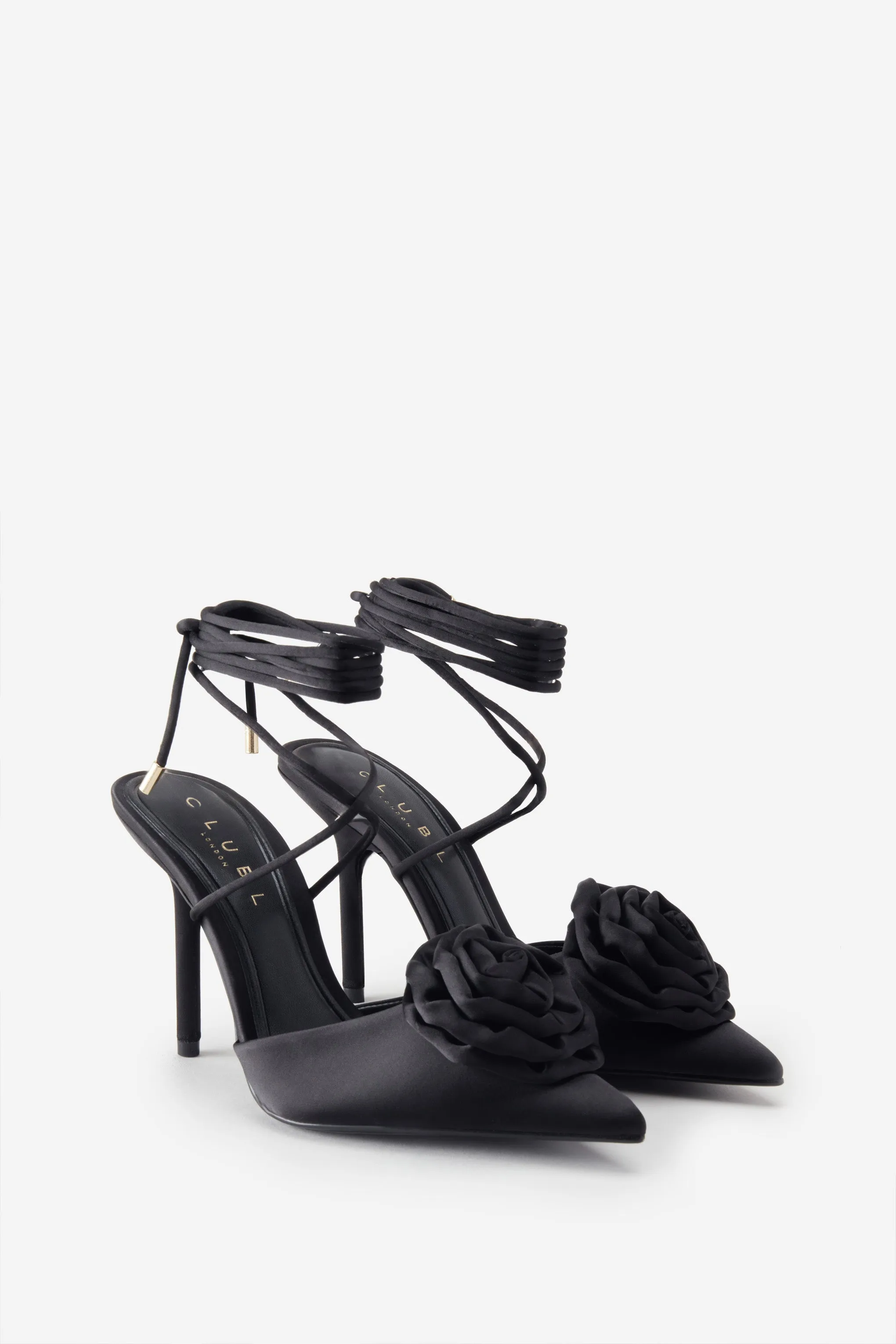 Black Satin Lace-Up Stiletto Heels With Flowers by Clearly