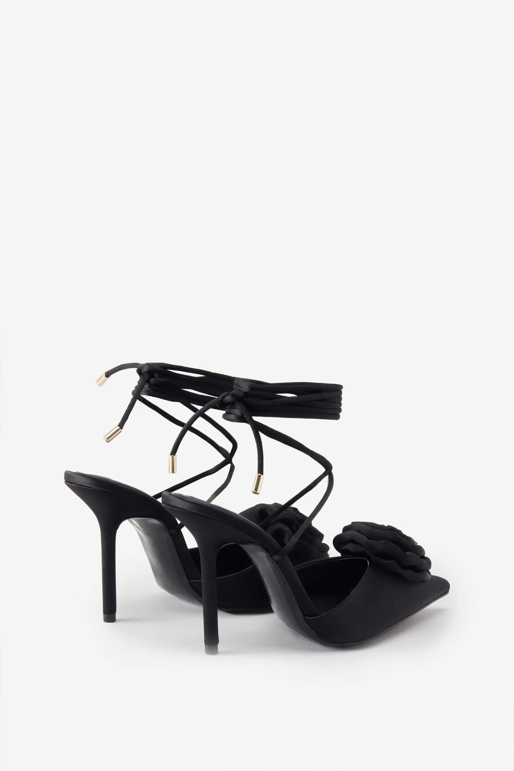 Black Satin Lace-Up Stiletto Heels With Flowers by Clearly