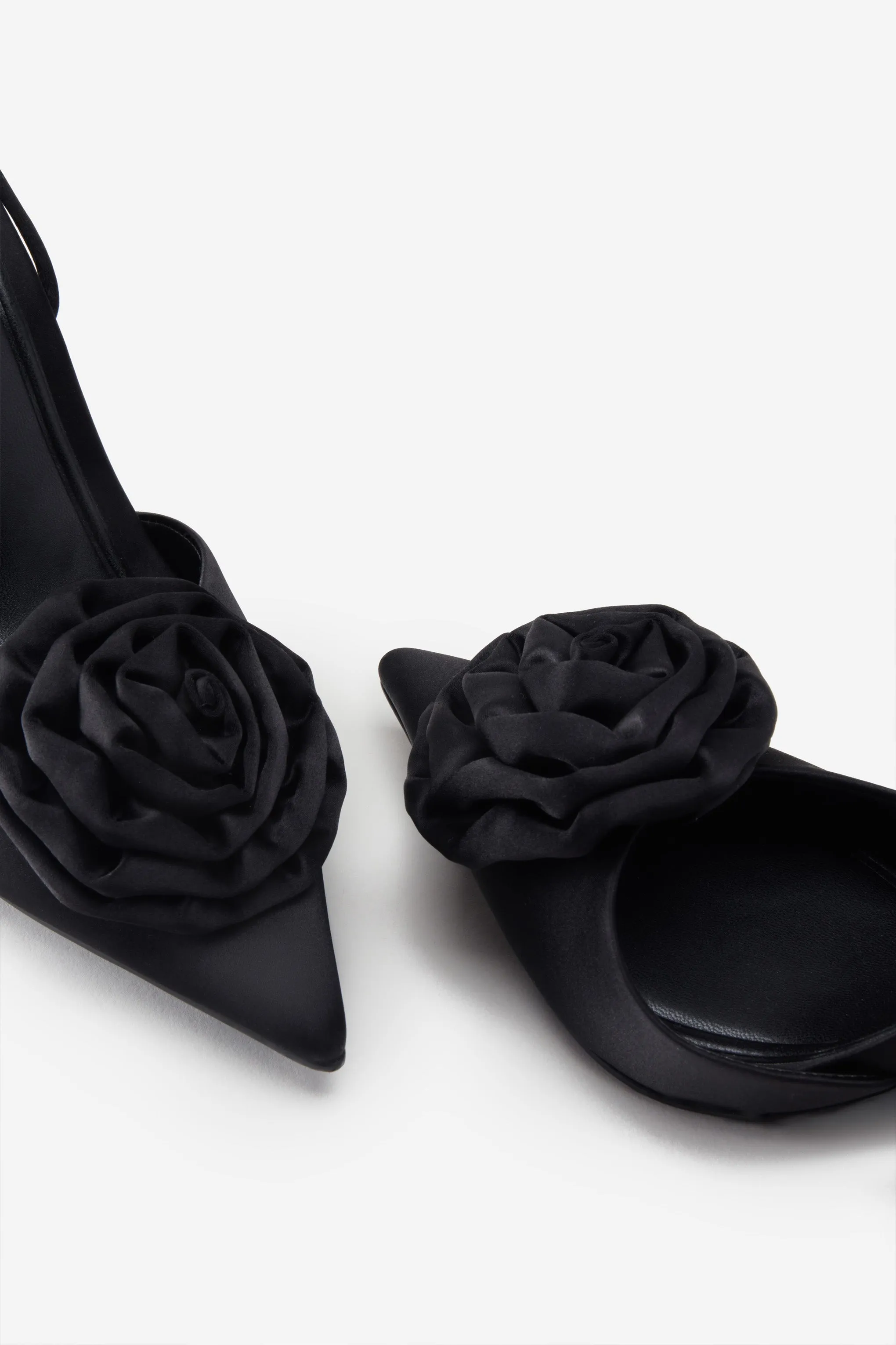 Black Satin Lace-Up Stiletto Heels With Flowers by Clearly