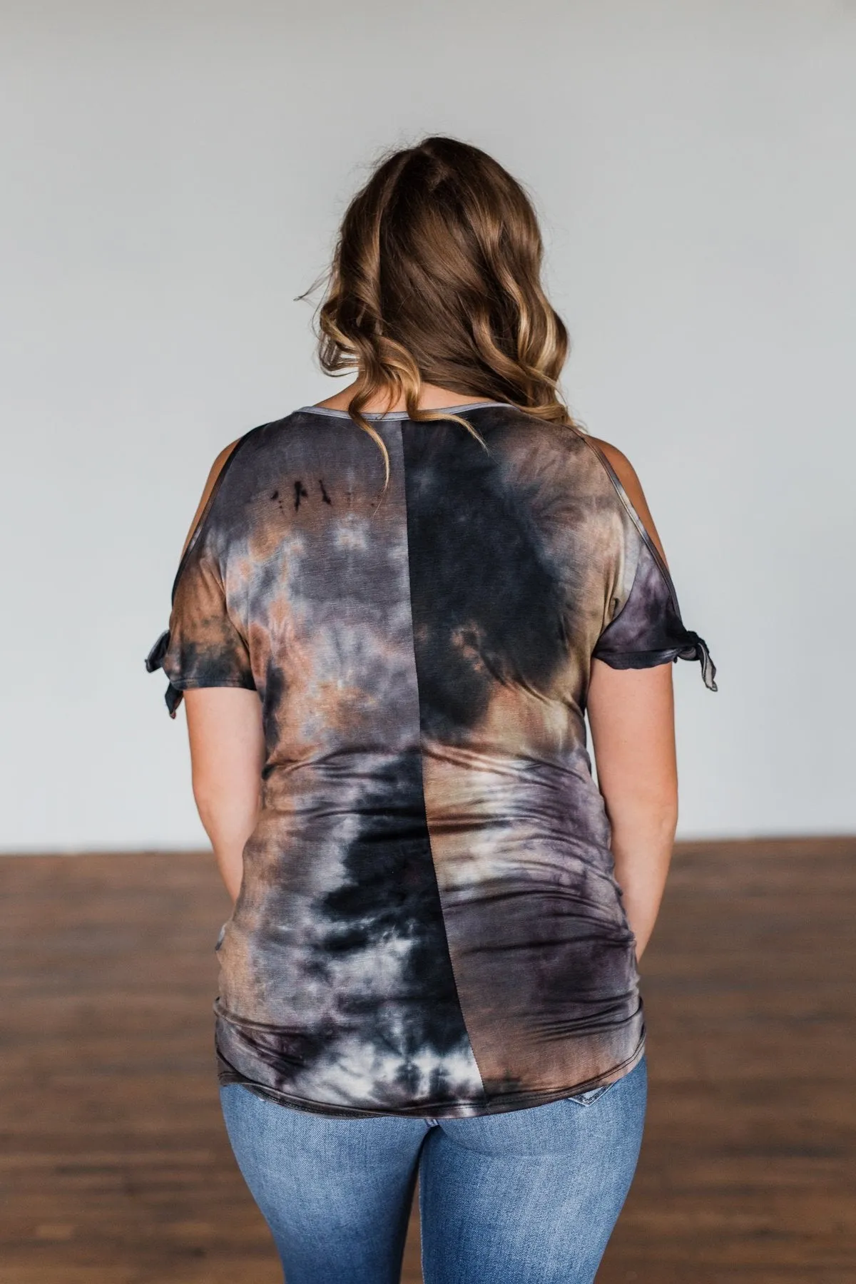 Cold Shoulder Tie Dye Top Navy & Brown - Shop Now